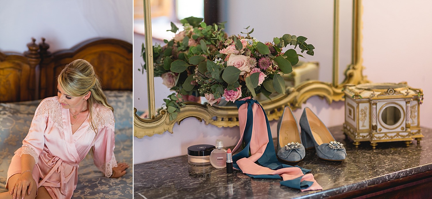 Schöner Spitzenmantel für gettingy Ready am Hochzeitsmorgen