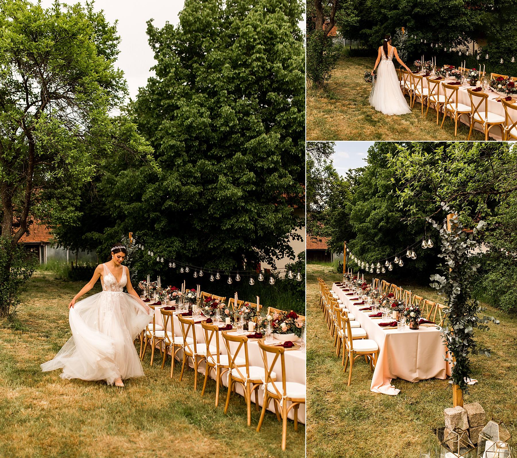Wunderschöne Hochzeits-Dekoration mit Tafel, Stühlen und Lichterketten