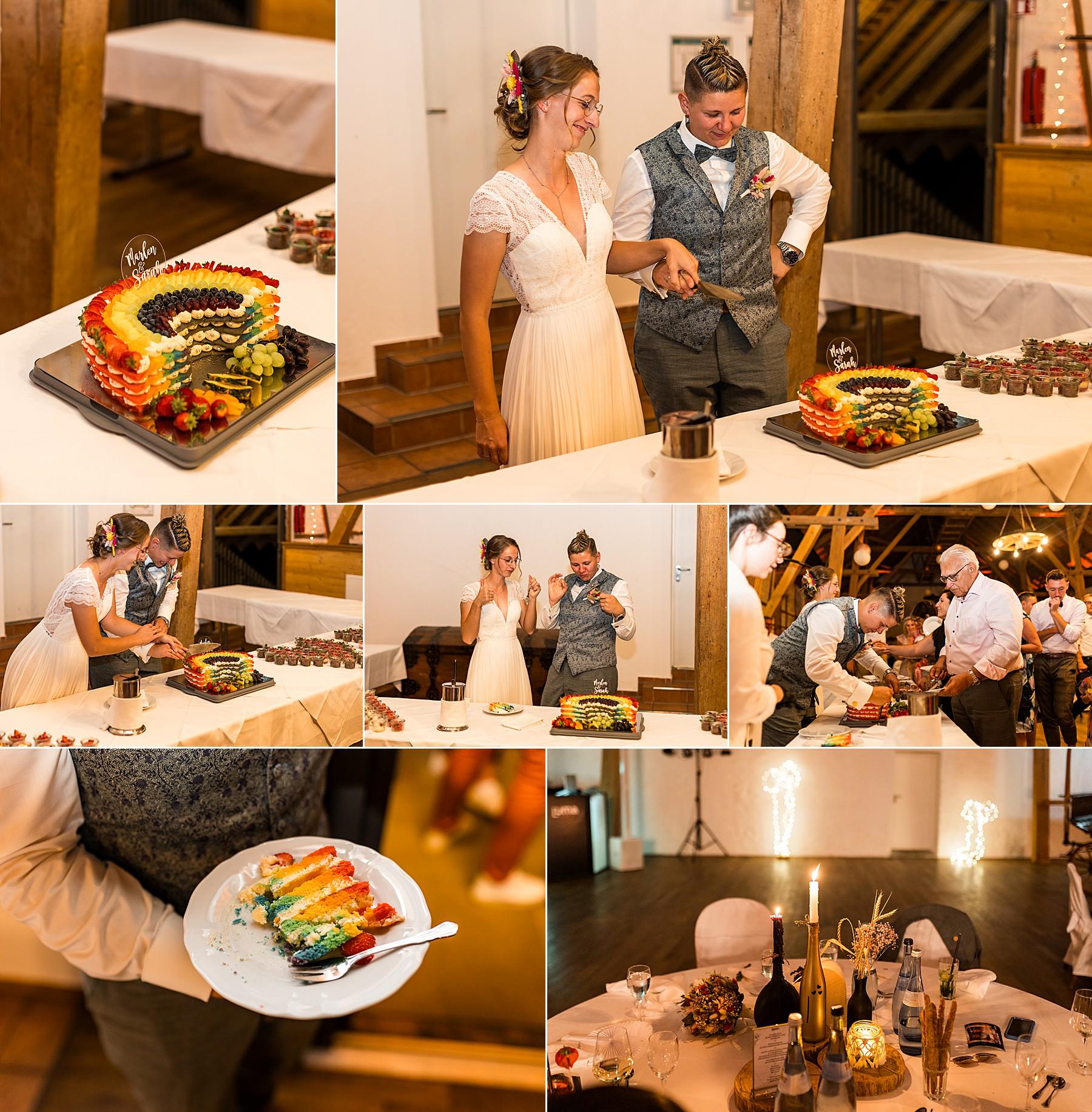 Eine bunte und leckere Regenbogen-Hochzeitstorte auf der Hochzeit